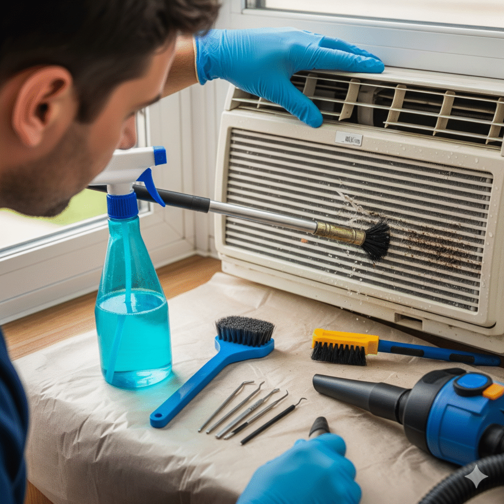 فني مكيفات يقوم بتنظيف مكيف شباك