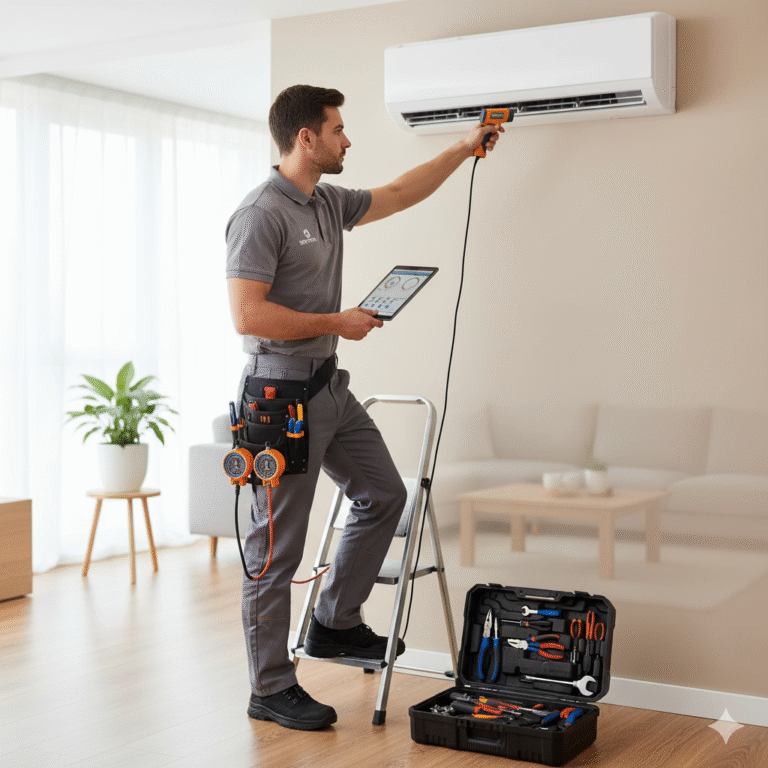 فني مكيفات بالرياض يقوم بفحص وحدة تكييف سبليت