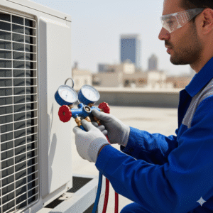 فني متخصص يقوم بفحص ضغط غاز الفريون لمكيف الهواء